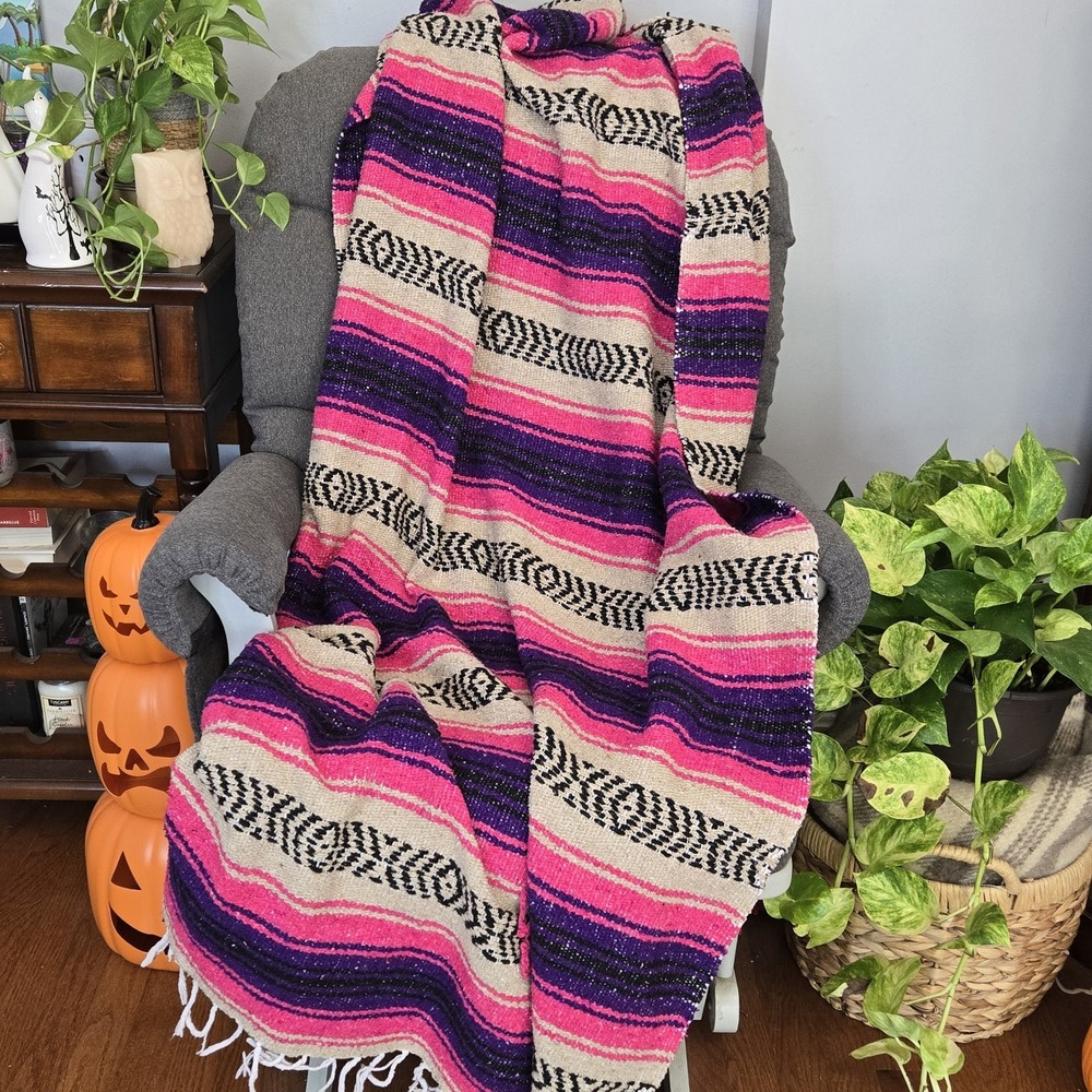 Mexican Falsa Blanket 77×45 Woven Hot Pink Purple Concert Throw Picnic Bright